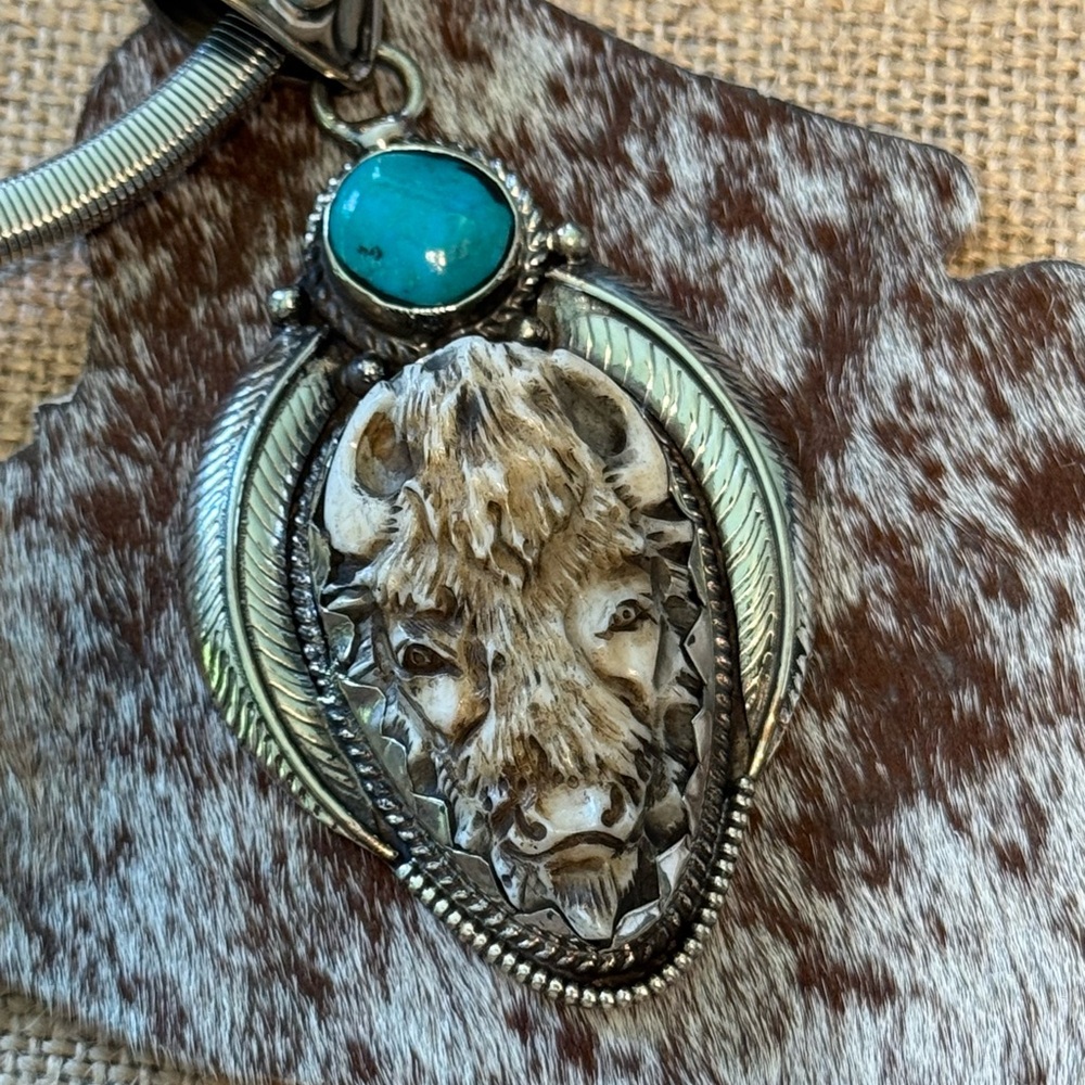 Turquoise Tibet Silver Carved Buffalo Pendant